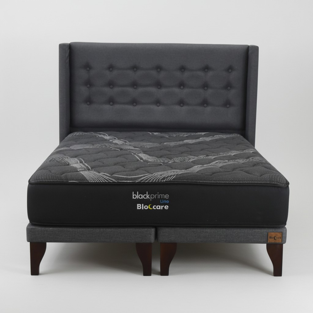 Cama King Box 8 cm + Colchon Black Prime - Modelo Uno + Respaldo / Con Patas De Madera (Gris) 6