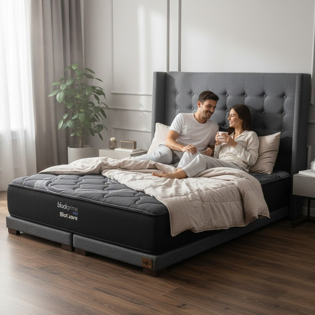 Cama Super King Box 8 cm + Colchon Black Prime - Modelo Uno + Respaldo / Con Patas De Madera (Gris) 1