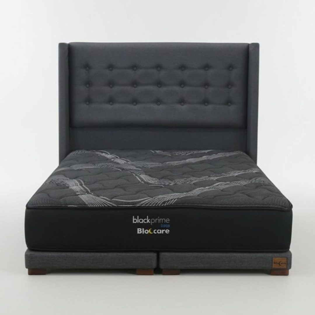 Cama Super King Box 8 cm + Colchon Black Prime - Modelo Uno + Respaldo / Con Patas De Madera (Gris) 2