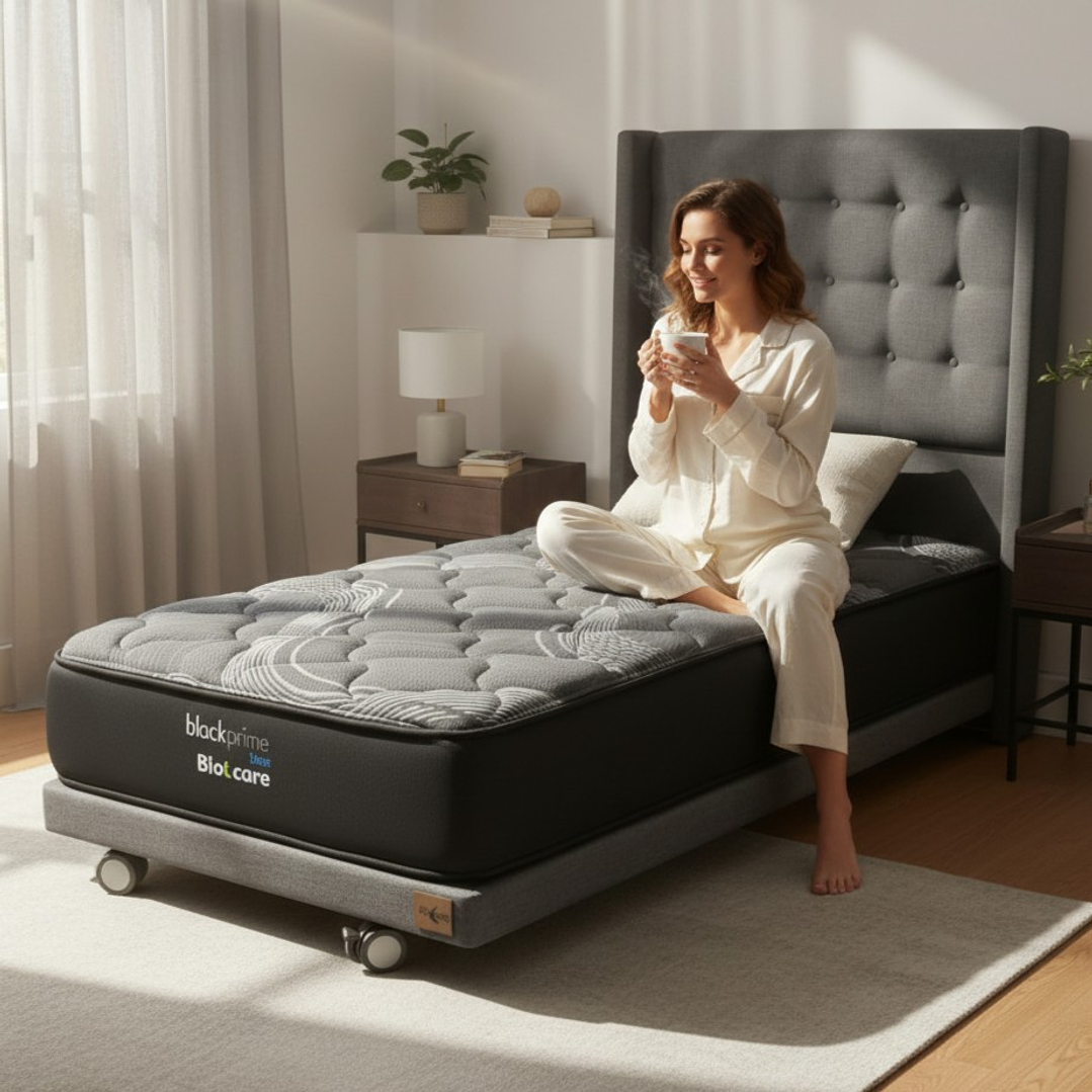 Cama 1 Plaza Box 8 cm + Colchon Black Prime - Modelo Uno+ Respaldo / Con Ruedas A Eleccion (Gris) 1