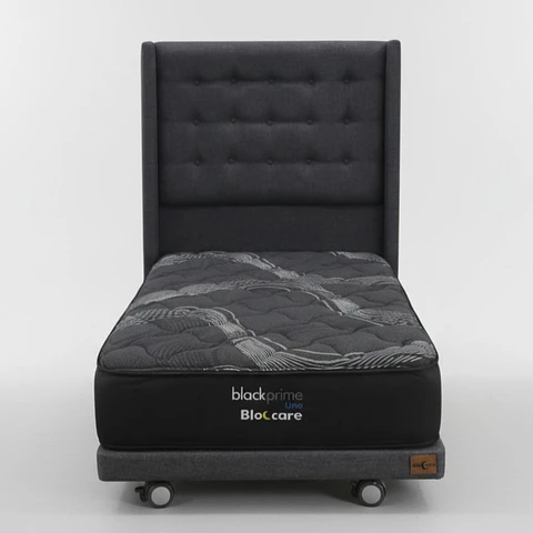 Cama 1 Plaza Box 8 cm + Colchon Black Prime - Modelo Uno+ Respaldo / Con Ruedas A Eleccion (Gris)