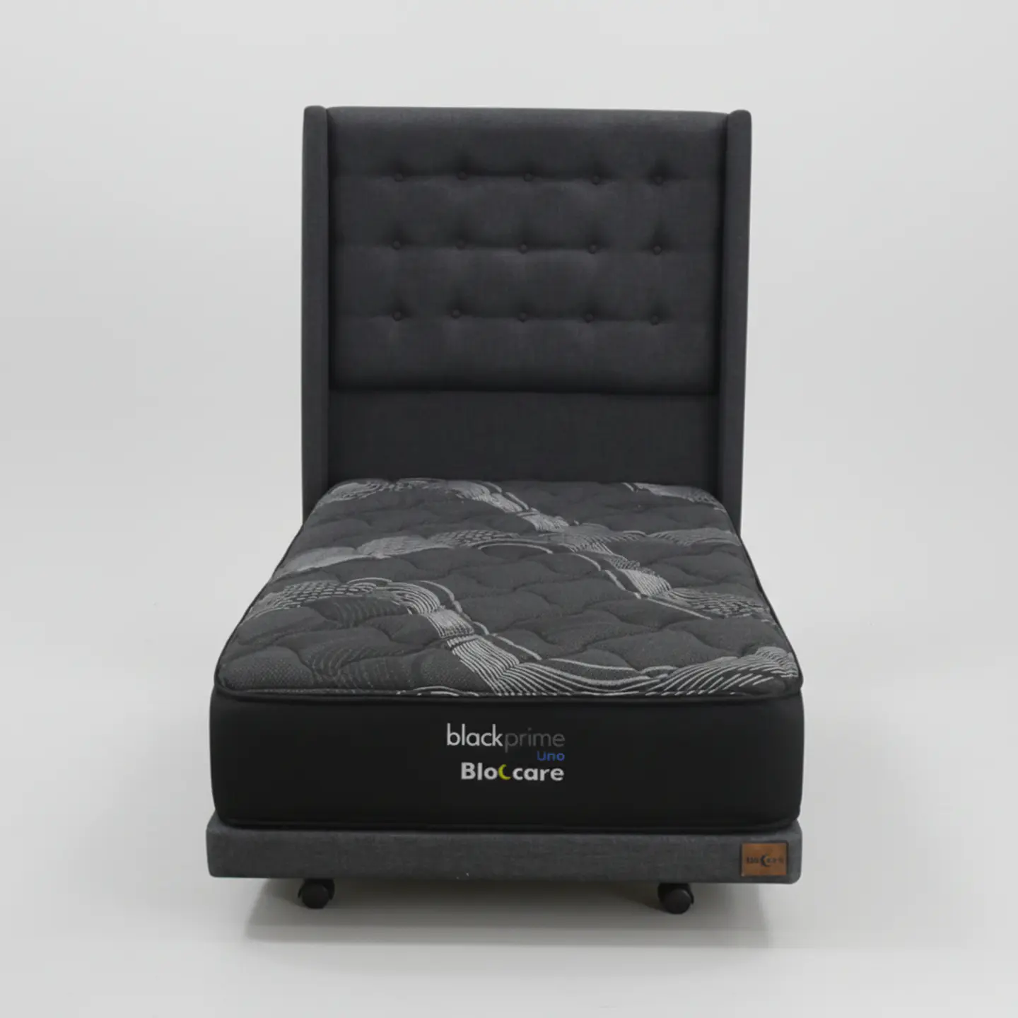 Cama 1 Plaza Box 8 cm + Colchon Black Prime - Modelo Uno+ Respaldo / Con Ruedas A Eleccion (Gris) 8