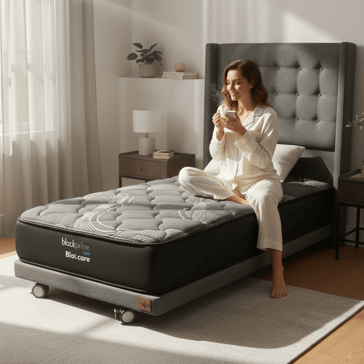 Cama 1.5 Plaza Box 8 cm + Colchon Black Prime - Modelo Uno+ Respaldo / Con Ruedas A Eleccion (Gris) 1