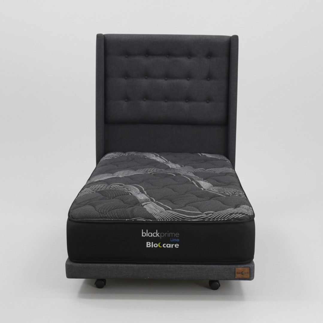 Cama 1.5 Plaza Box 8 cm + Colchon Black Prime - Modelo Uno+ Respaldo / Con Ruedas A Eleccion (Gris) 8