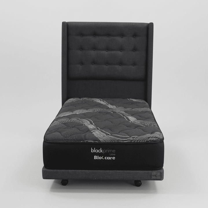 Cama 1.5 Plaza Box 8 cm + Colchon Black Prime - Modelo Uno+ Respaldo / Con Ruedas A Eleccion (Gris) 8