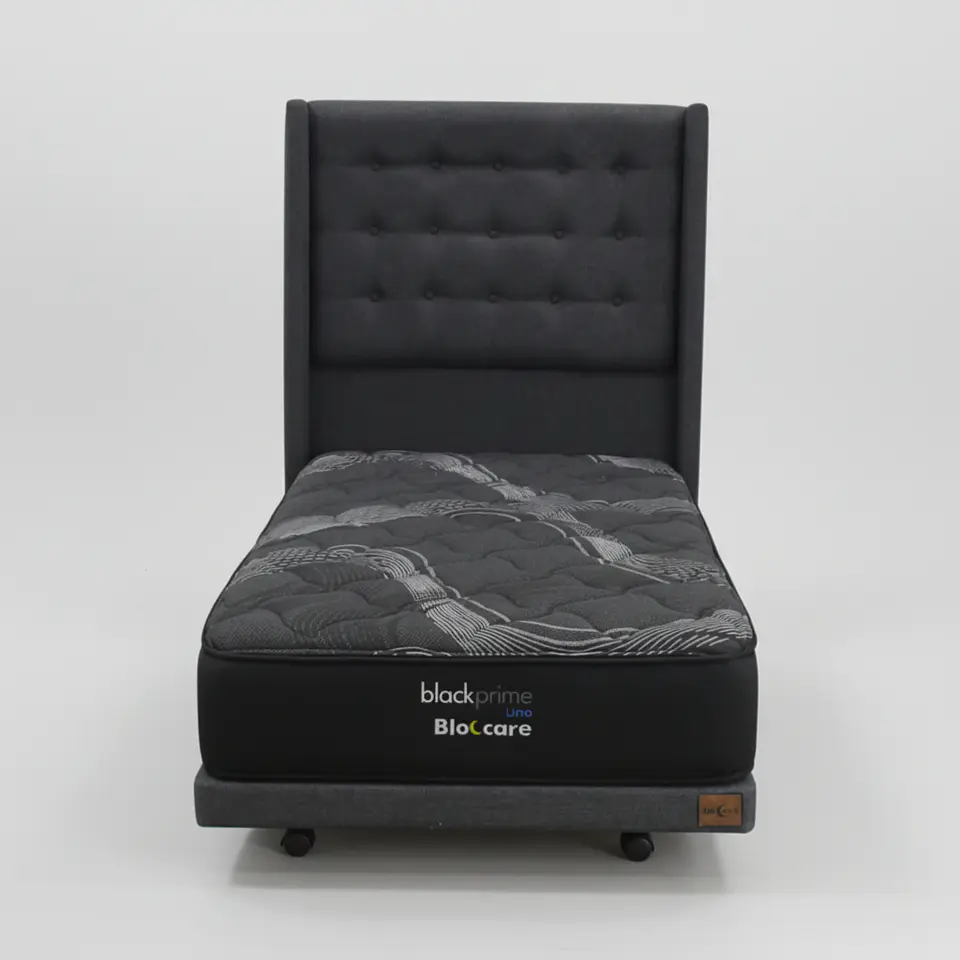 Cama 1.5 Plaza Box 8 cm + Colchon Black Prime - Modelo Uno+ Respaldo / Con Ruedas A Eleccion (Gris) 8