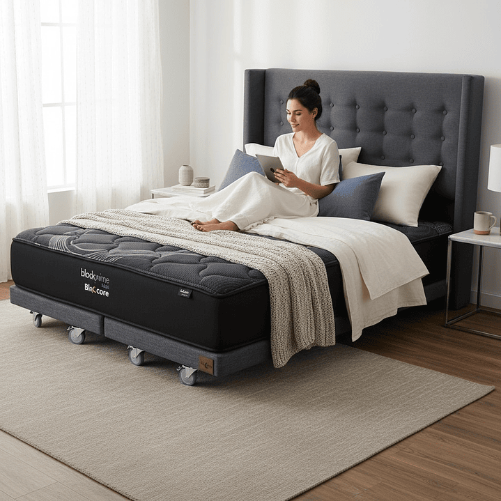Cama 2 Plaza Box 8 cm + Colchon Black Prime - Modelo Uno+ Respaldo / Con Ruedas A Eleccion (Gris) 1