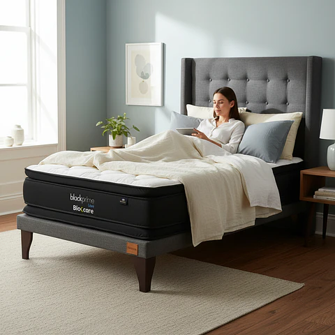Cama 1.5 Plaza Box 8 cm + Colchon Black Prime - Modelo Dos + Respaldo / Con Patas De Madera (Gris)