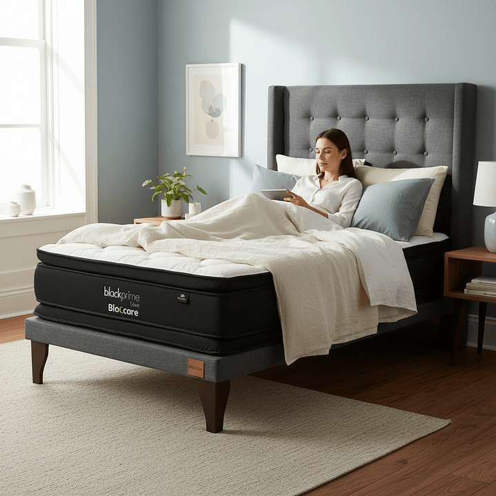 Cama 1.5 Plaza Box 8 cm + Colchon Black Prime - Modelo Dos + Respaldo / Con Patas De Madera (Gris) 1