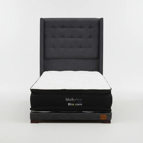 Cama 1.5 Plaza Box 8 cm + Colchon Black Prime - Modelo Dos + Respaldo / Con Patas De Madera (Gris)