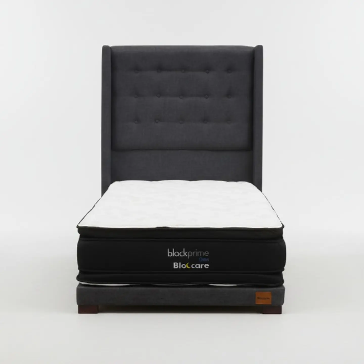 Cama 1.5 Plaza Box 8 cm + Colchon Black Prime - Modelo Dos + Respaldo / Con Patas De Madera (Gris) 2