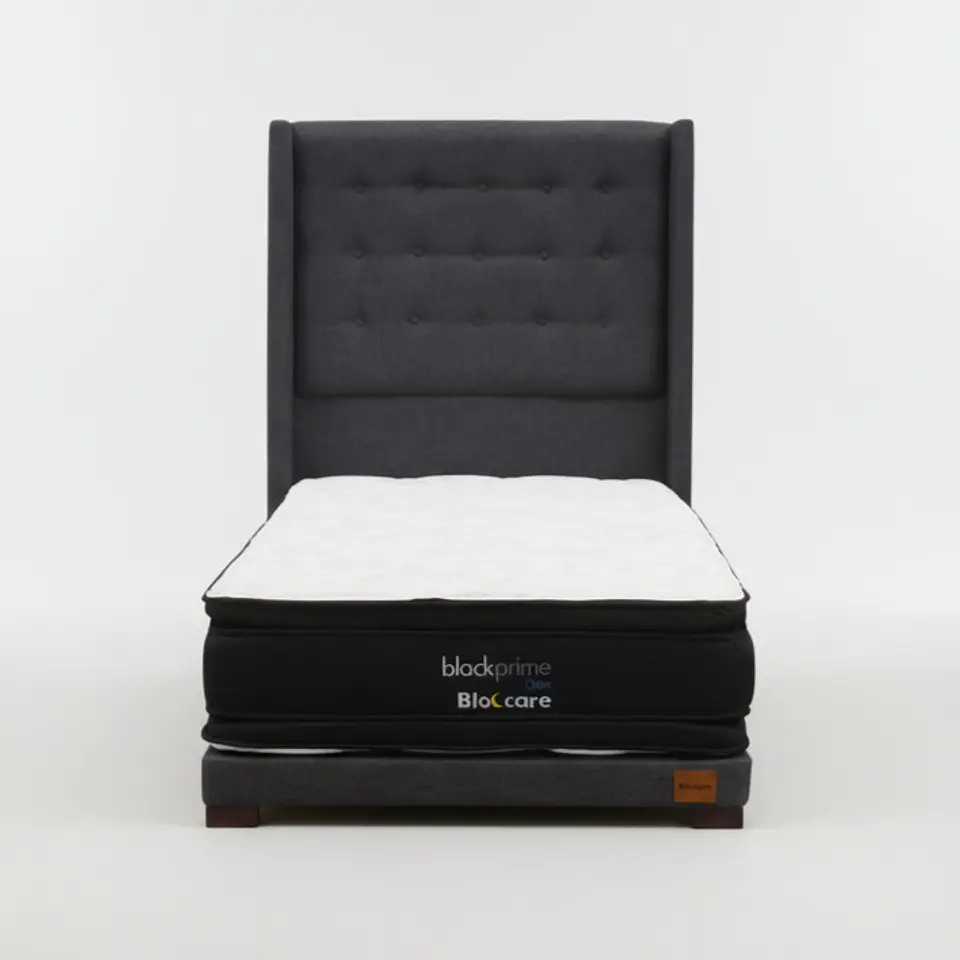 Cama 1.5 Plaza Box 8 cm + Colchon Black Prime - Modelo Dos + Respaldo / Con Patas De Madera (Gris) 2