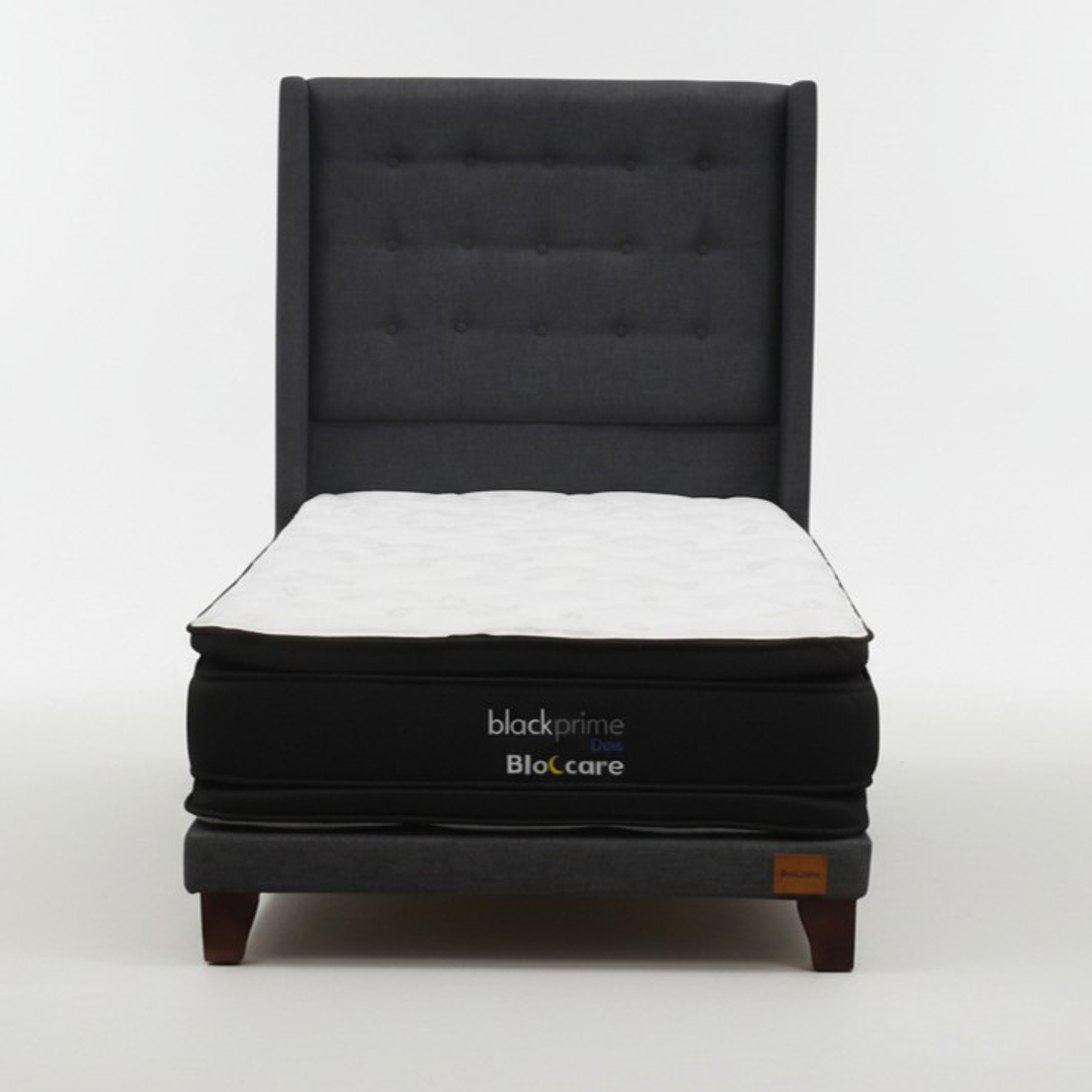 Cama 1.5 Plaza Box 8 cm + Colchon Black Prime - Modelo Dos + Respaldo / Con Patas De Madera (Gris) 4