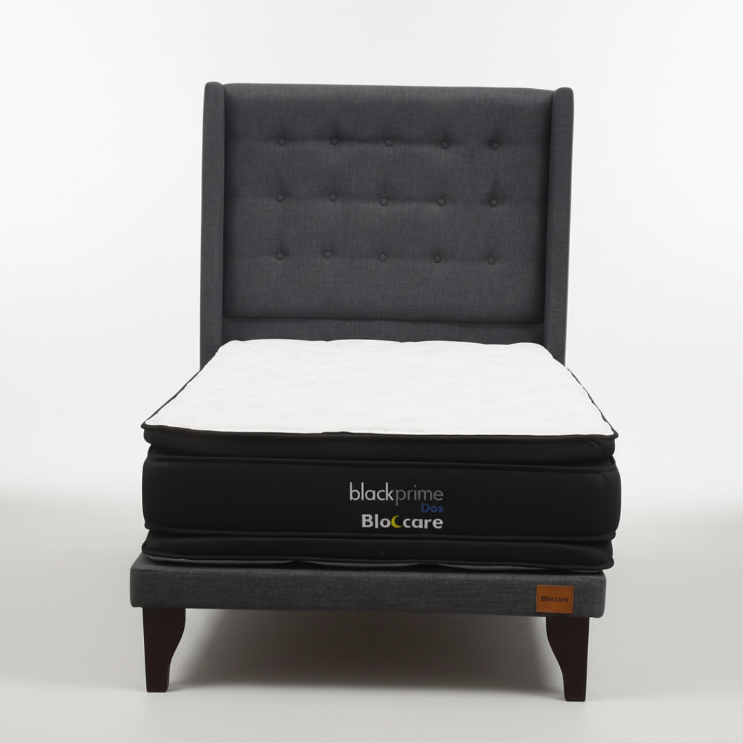 Cama 1.5 Plaza Box 8 cm + Colchon Black Prime - Modelo Dos + Respaldo / Con Patas De Madera (Gris) 6