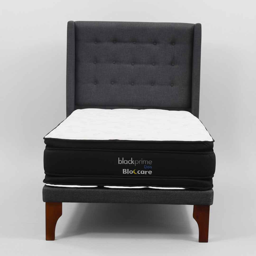 Cama 1.5 Plaza Box 8 cm + Colchon Black Prime - Modelo Dos + Respaldo / Con Patas De Madera (Gris) 8