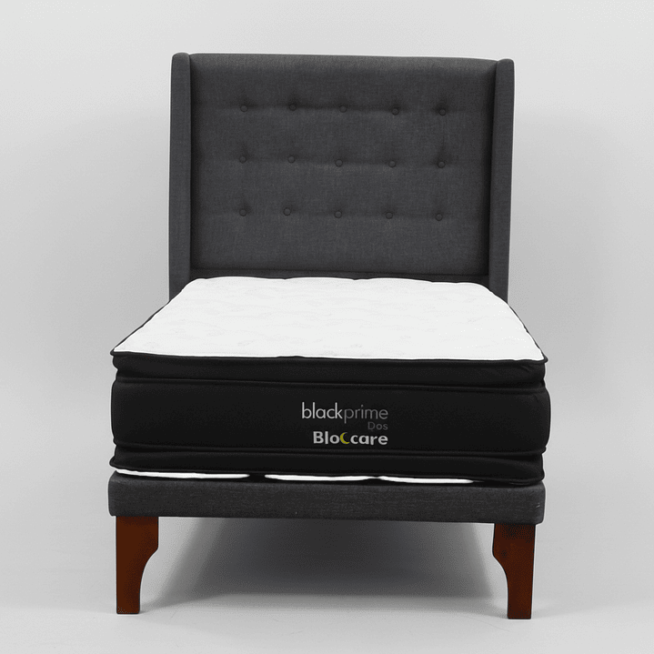 Cama 1.5 Plaza Box 8 cm + Colchon Black Prime - Modelo Dos + Respaldo / Con Patas De Madera (Gris) 8