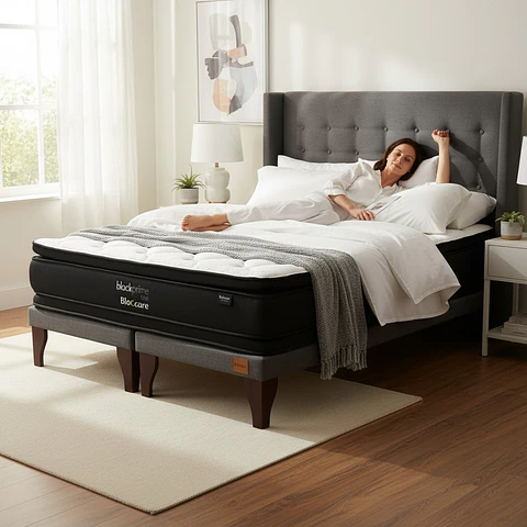 Cama 2 Plaza Box 8 cm + Colchon Black Prime - Modelo Dos + Respaldo / Con Patas De Madera (Gris)