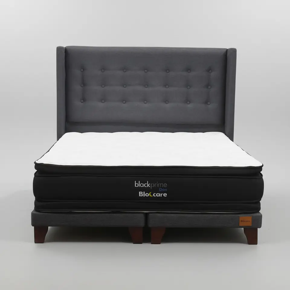 Cama 2 Plaza Box 8 cm + Colchon Black Prime - Modelo Dos + Respaldo / Con Patas De Madera (Gris) 4