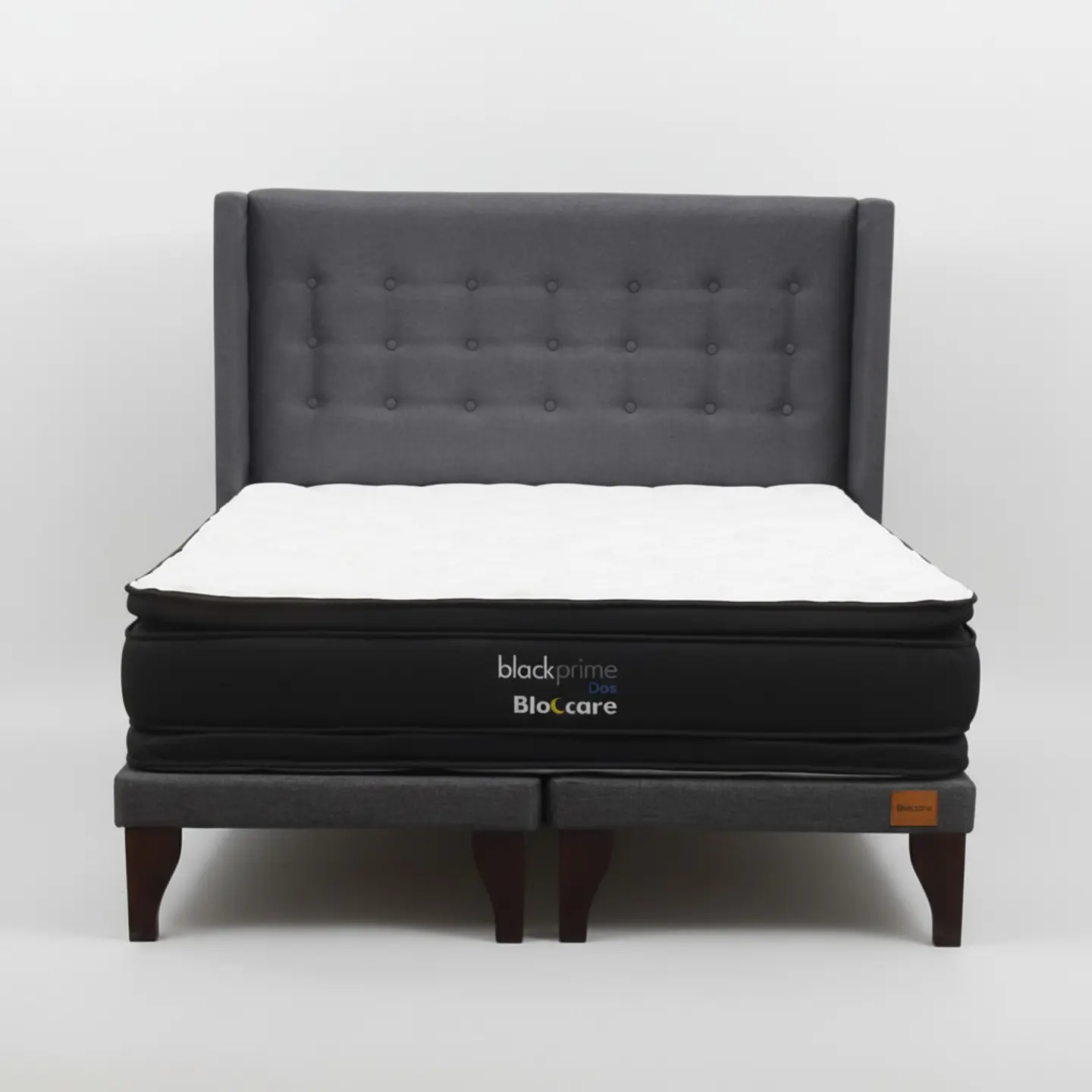 Cama 2 Plaza Box 8 cm + Colchon Black Prime - Modelo Dos + Respaldo / Con Patas De Madera (Gris) 6