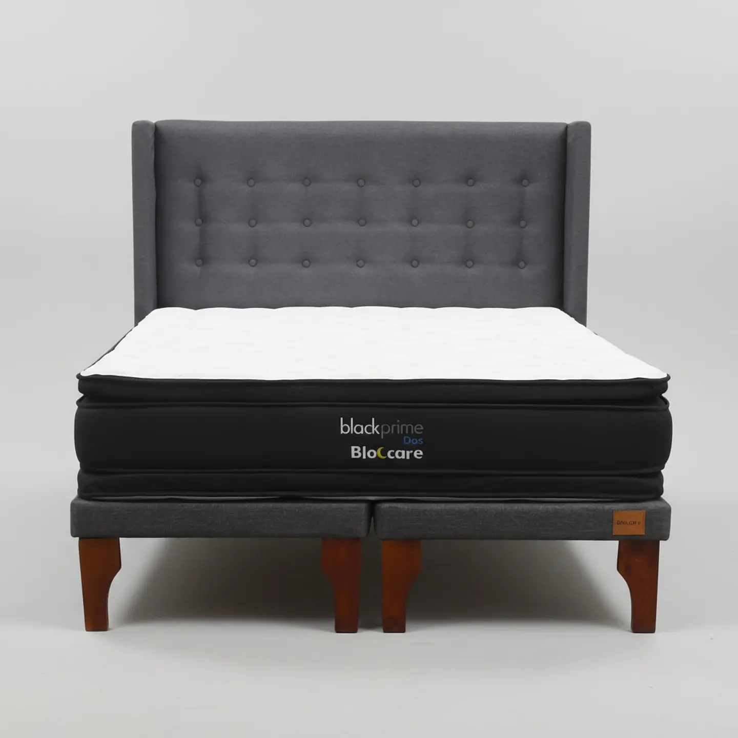 Cama 2 Plaza Box 8 cm + Colchon Black Prime - Modelo Dos + Respaldo / Con Patas De Madera (Gris) 8