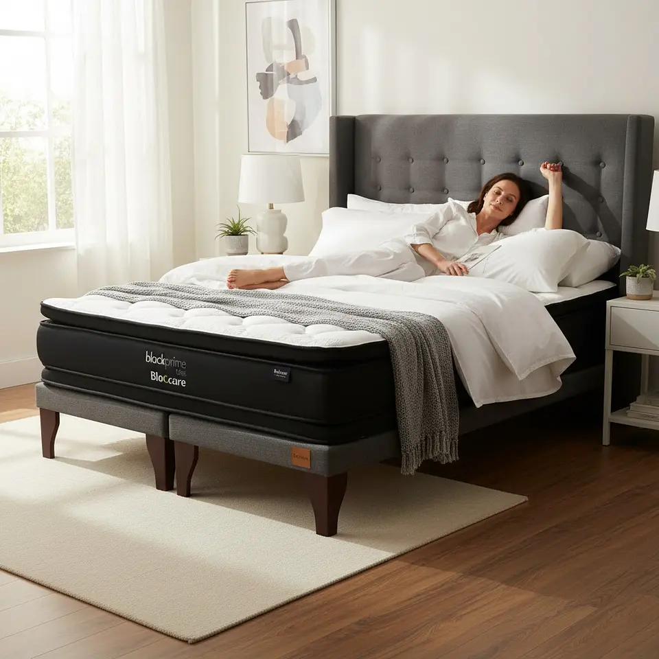 Cama King Box 8 cm + Colchon Black Prime - Modelo Dos + Respaldo / Con Patas De Madera (Gris) 1