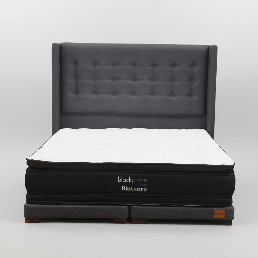 Cama King Box 8 cm + Colchon Black Prime - Modelo Dos + Respaldo / Con Patas De Madera (Gris) 2