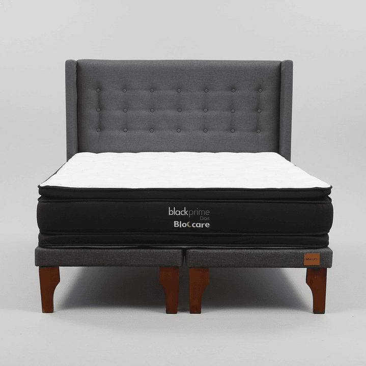 Cama King Box 8 cm + Colchon Black Prime - Modelo Dos + Respaldo / Con Patas De Madera (Gris) 8