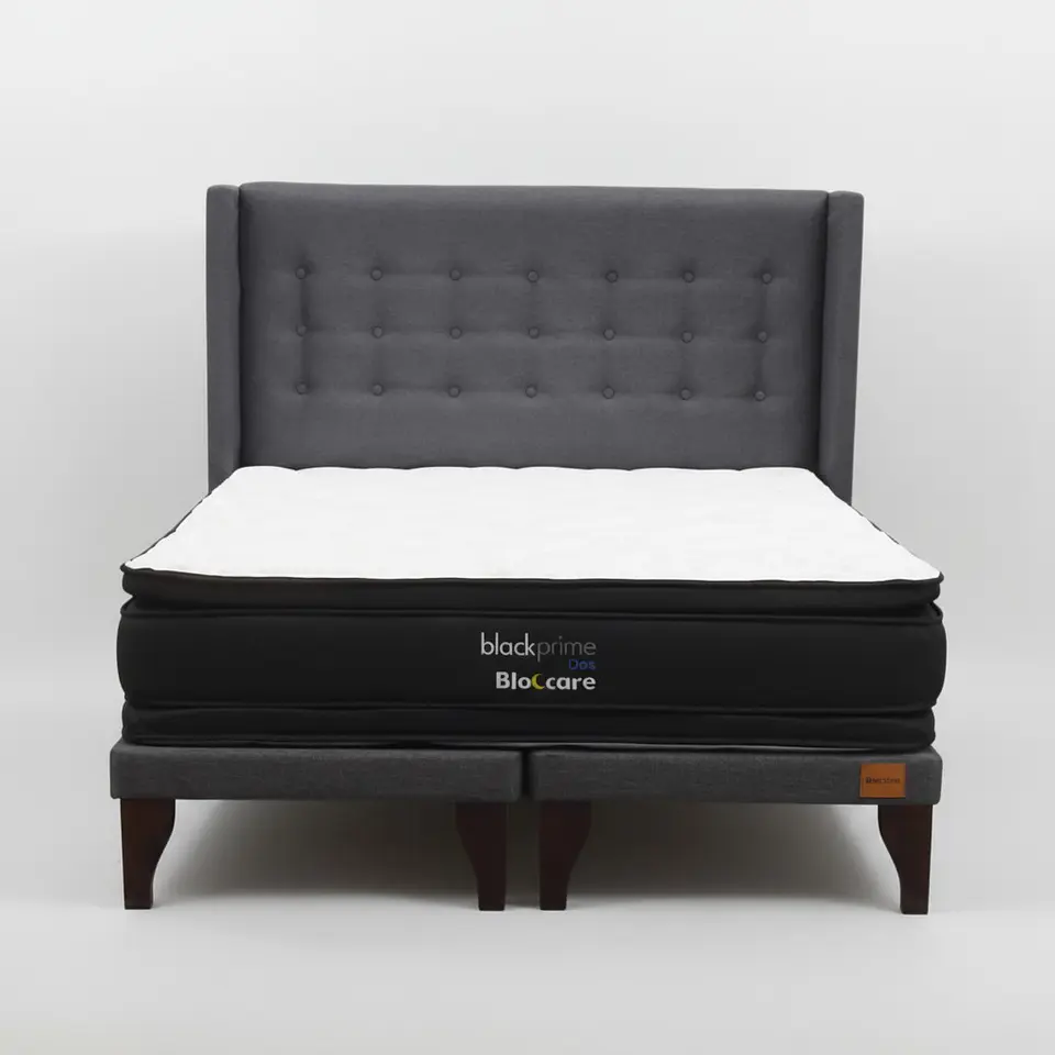 Cama Super King Box 8 cm + Colchon Black Prime - Modelo Dos + Respaldo / Con Patas De Madera (Gris) 6