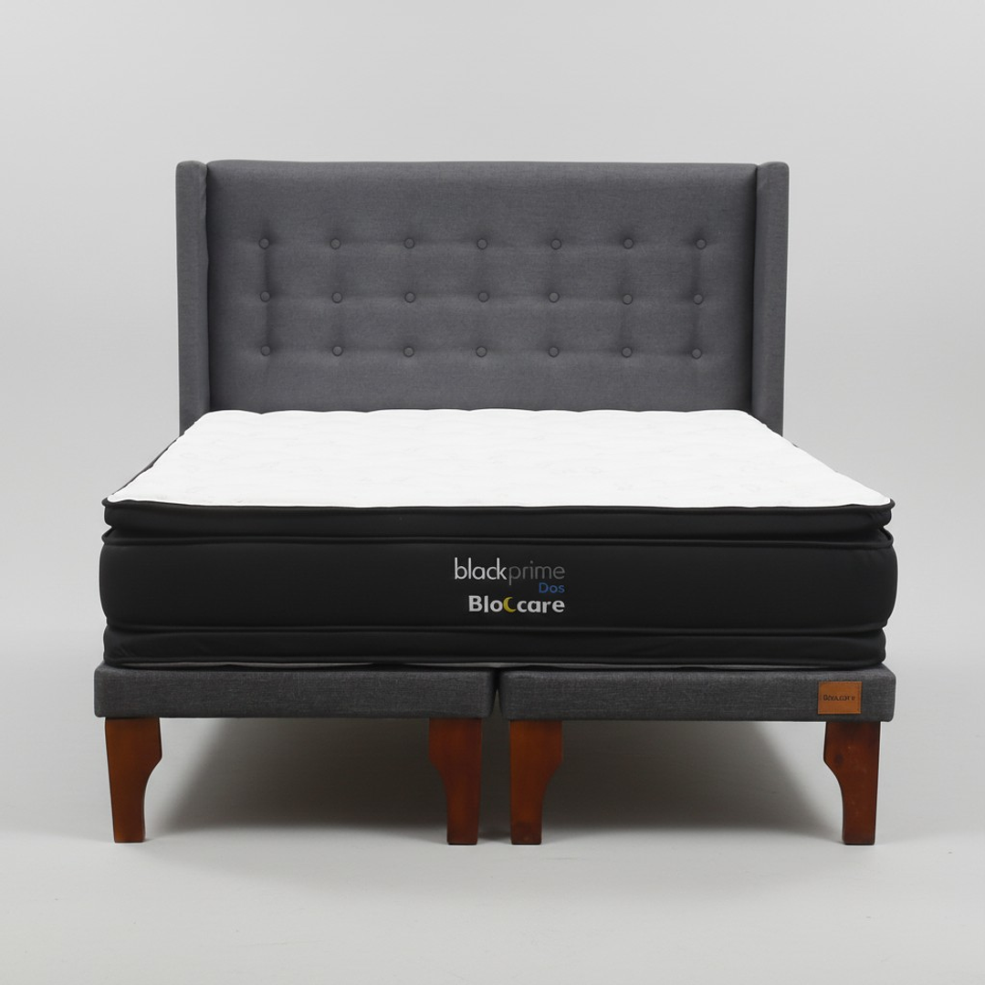 Cama Super King Box 8 cm + Colchon Black Prime - Modelo Dos + Respaldo / Con Patas De Madera (Gris) 8