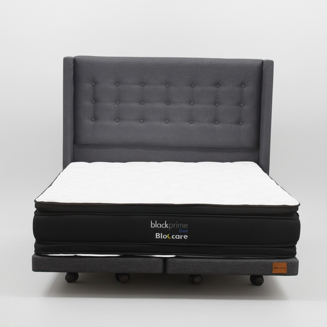 Cama Supe King Box 8 cm + Colchon Black Prime - Modelo Dos + Respaldo / Con Ruedas A Eleccion (Gris) 8