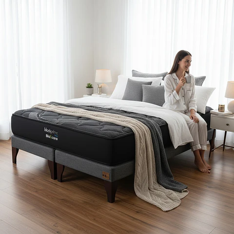 Cama 2 Plaza Box 13 cm + Colchon Black Prime - Modelo Uno / Con Patas De Madera (Gris)
