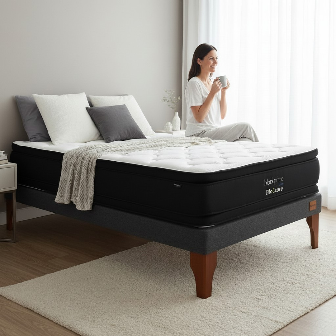 Cama 1.5 Plaza Box 13 cm + Colchon Black Prime - Modelo Dos - Patas De Madera (Gris) 1
