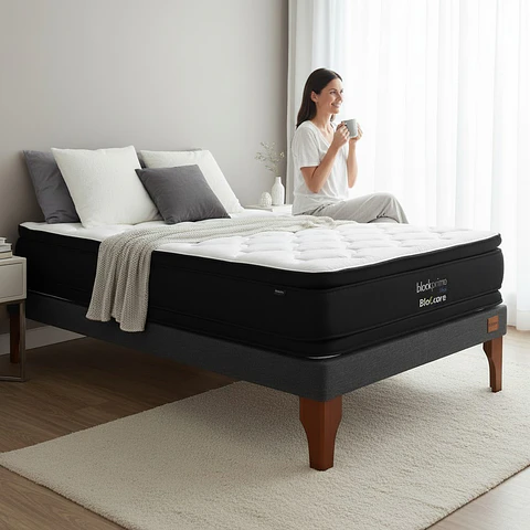 Cama 1.5 Plaza Box 13 cm + Colchon Black Prime - Modelo Dos - Patas De Madera (Gris)
