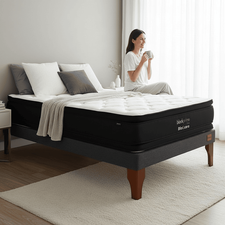 Cama 1.5 Plaza Box 13 cm + Colchon Black Prime - Modelo Dos - Patas De Madera (Gris) 1