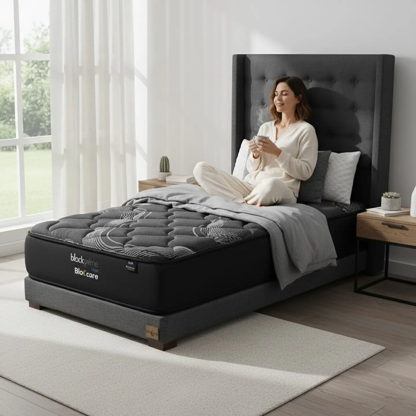 Cama 1 Plaza Box 13 cm + Colchon Black Prime - Modelo Uno + Respaldo / Con Patas De Madera (Gris) 1