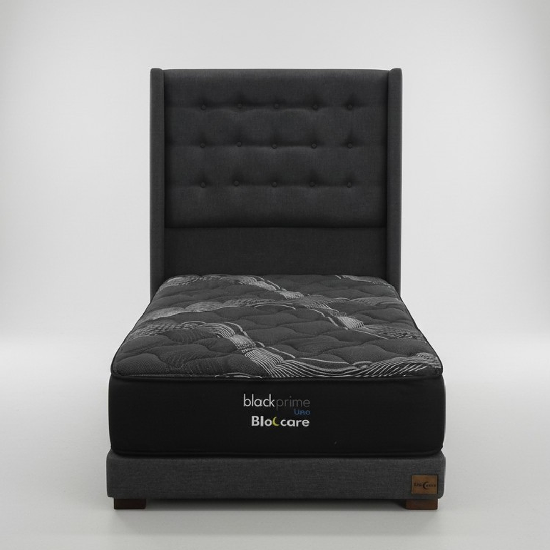 Cama 1 Plaza Box 13 cm + Colchon Black Prime - Modelo Uno + Respaldo / Con Patas De Madera (Gris) 2