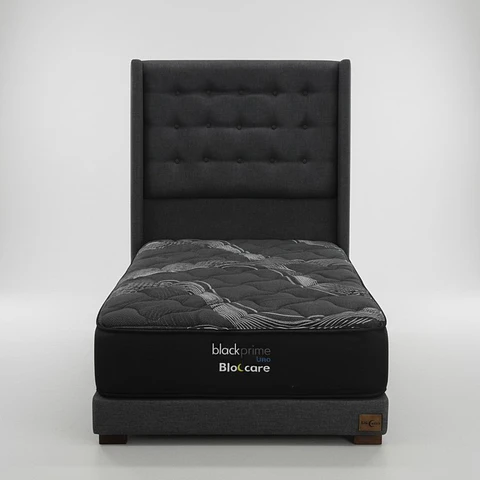 Cama 1 Plaza Box 13 cm + Colchon Black Prime - Modelo Uno + Respaldo / Con Patas De Madera (Gris)