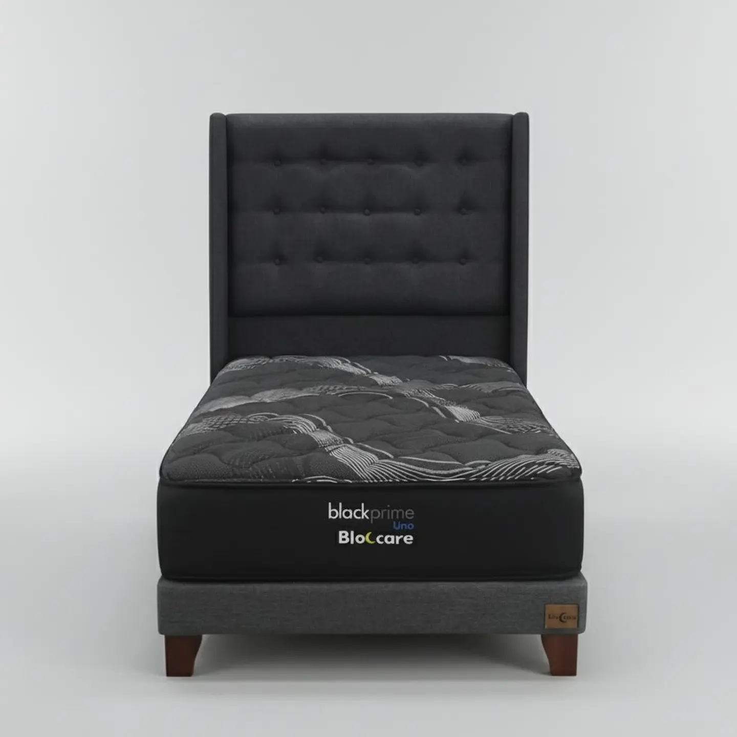 Cama 1 Plaza Box 13 cm + Colchon Black Prime - Modelo Uno + Respaldo / Con Patas De Madera (Gris) 4