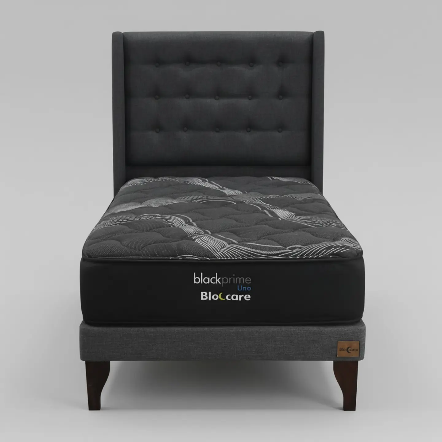 Cama 1 Plaza Box 13 cm + Colchon Black Prime - Modelo Uno + Respaldo / Con Patas De Madera (Gris) 6