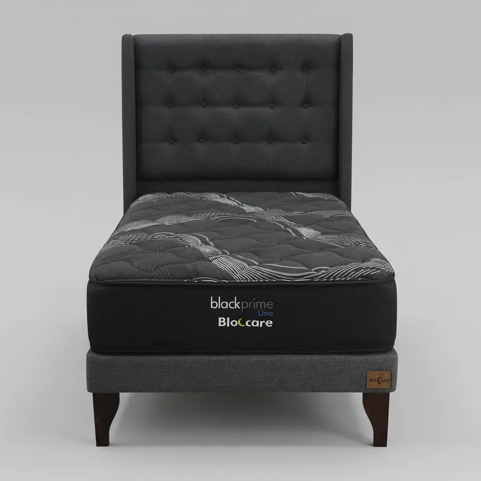 Cama 1 Plaza Box 13 cm + Colchon Black Prime - Modelo Uno + Respaldo / Con Patas De Madera (Gris) 6