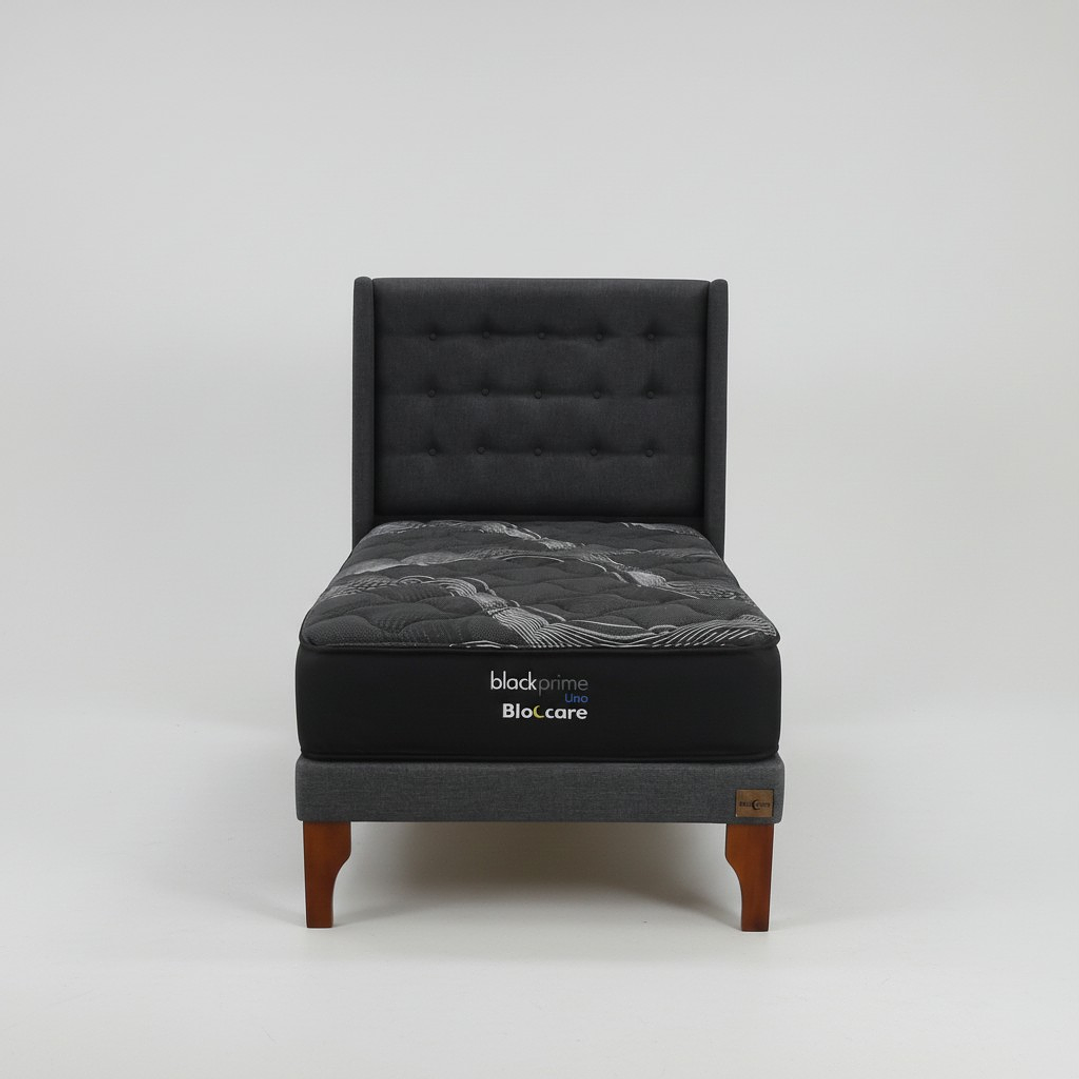 Cama 1 Plaza Box 13 cm + Colchon Black Prime - Modelo Uno + Respaldo / Con Patas De Madera (Gris) 8