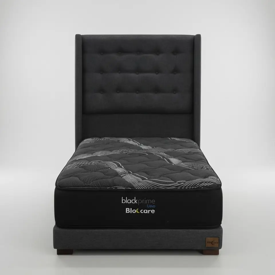 Cama 1.5 Plaza Box 13 cm + Colchon Black Prime - Modelo Uno + Respaldo / Con Patas De Madera (Gris) 2