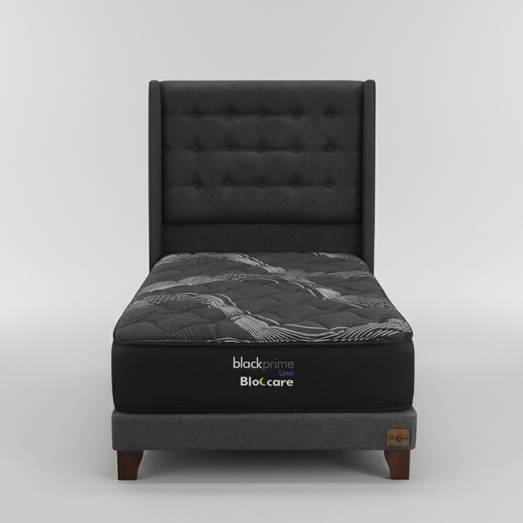 Cama 1.5 Plaza Box 13 cm + Colchon Black Prime - Modelo Uno + Respaldo / Con Patas De Madera (Gris) 4