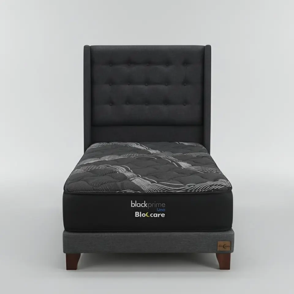 Cama 1.5 Plaza Box 13 cm + Colchon Black Prime - Modelo Uno + Respaldo / Con Patas De Madera (Gris) 4