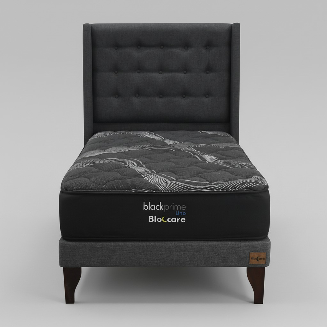 Cama 1.5 Plaza Box 13 cm + Colchon Black Prime - Modelo Uno + Respaldo / Con Patas De Madera (Gris) 6