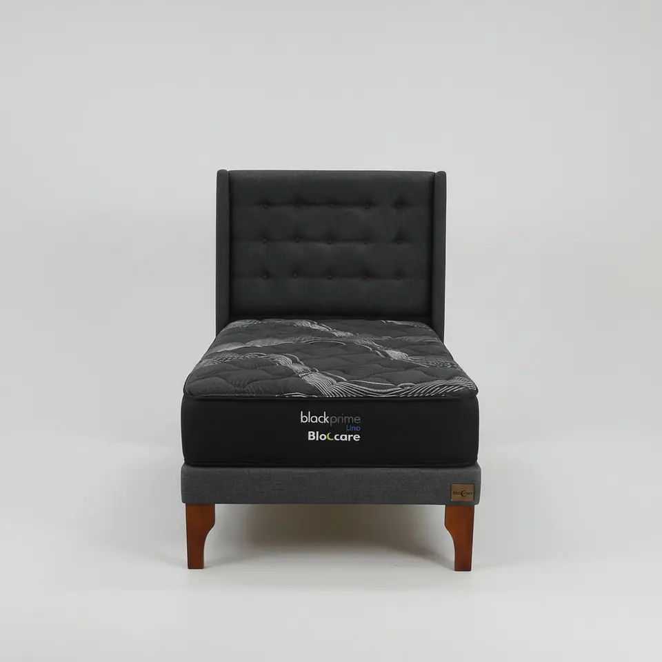 Cama 1.5 Plaza Box 13 cm + Colchon Black Prime - Modelo Uno + Respaldo / Con Patas De Madera (Gris) 8