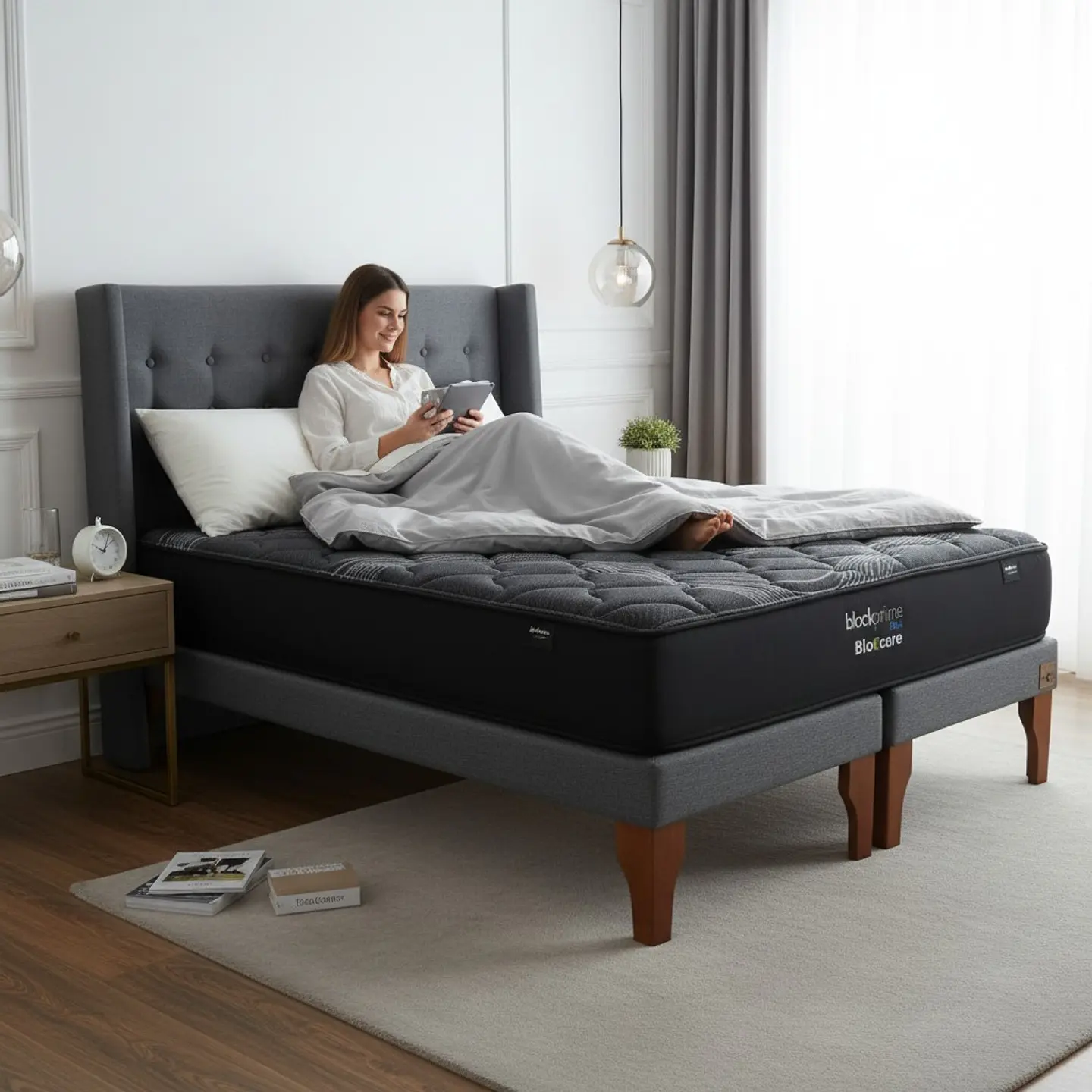 Cama 2 Plaza Box 13 cm + Colchon Black Prime - Modelo Uno + Respaldo / Con Patas De Madera (Gris) 1