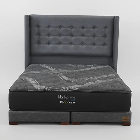 Cama 2 Plaza Box 13 cm + Colchon Black Prime - Modelo Uno + Respaldo / Con Patas De Madera (Gris)