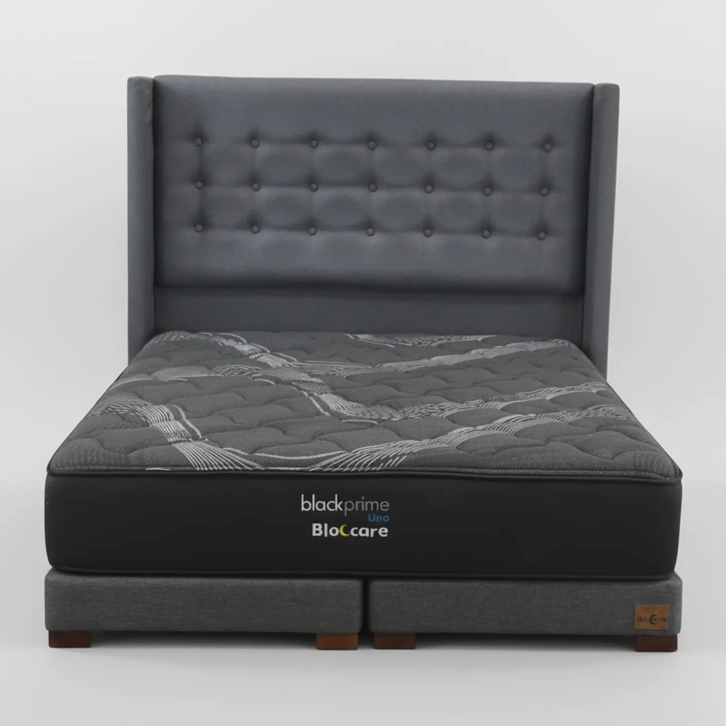 Cama 2 Plaza Box 13 cm + Colchon Black Prime - Modelo Uno + Respaldo / Con Patas De Madera (Gris) 2