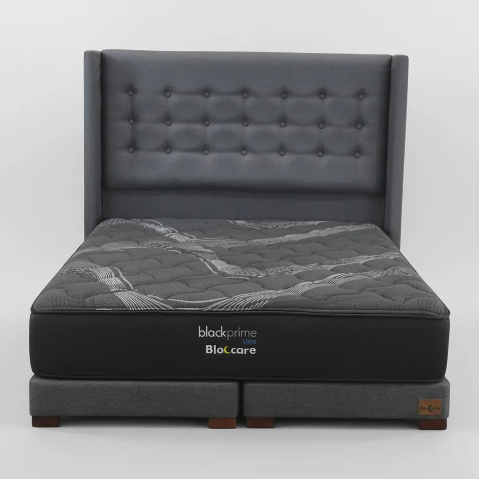Cama 2 Plaza Box 13 cm + Colchon Black Prime - Modelo Uno + Respaldo / Con Patas De Madera (Gris) 2